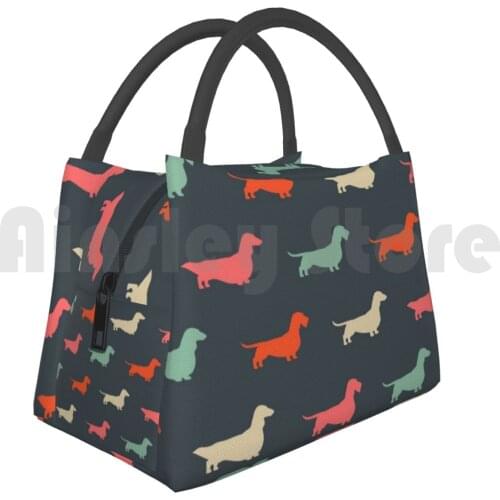 Cooler Lunch Bag Picnic Bag Dachshund Silhouettes Pattern | Colorful Longhaired , Wirehaired And Smooth Coated Wiener Dogs
