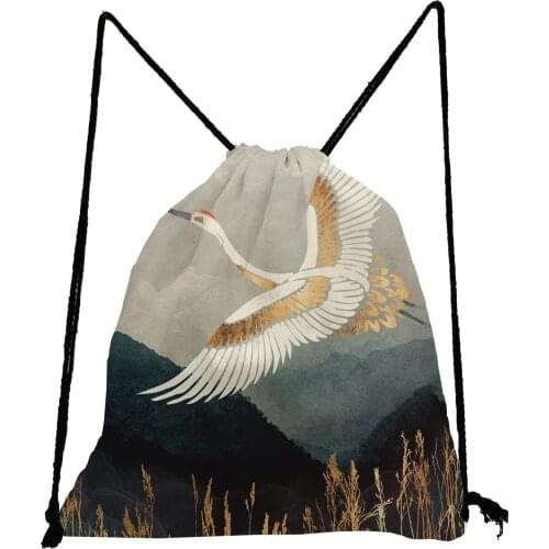 Landscape Softback Bag Crane Printed Drawstring Bags New Japanese Ukiyoe Design Backpack Bag Unisex Casual Shoe Bag for School
