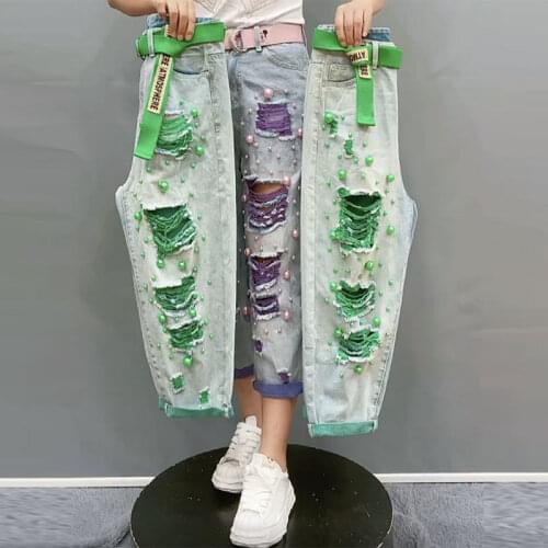 Pearl heavy craft jeans high waist thinversatile ripped holes beaded spring and summer pants small feet purple and green color