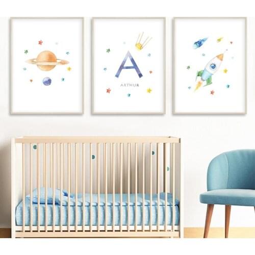 UnRocket Ship Stars Nursery Decor Poster Personalized Name Wall Art Canvas Painting Baby Kids Room Print Pictures Unframed