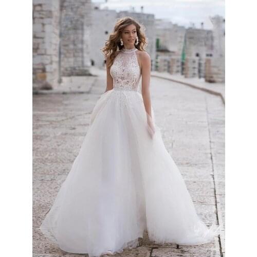 Lace wedding dress halter atmosphere retro wedding gown pearl belt decoration embroidery applique buttons lace tailing