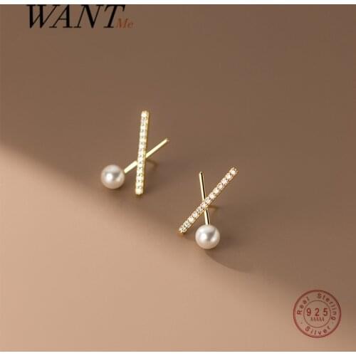 WANTME Genuine 925 Sterling Silver Luxury Zircon Cross Pearl Stud Earrings for Women Bohemian Charming Party Jewelry Trend 2021