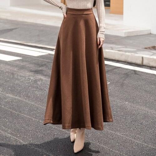 Womens High Waist A-line skirt Plus Size Solid Color Woolen Long Skirt Autumn Winter 21 New Fashion Female Warm Casual Skirts