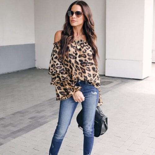 2020 Fashion Womens Dresses Ladies Leopard Elegant Tops Bodycon Low cut Off Shoulder Long Sleeve Blouse sexy Hot Autumn Shirt