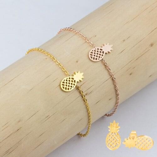 Women Girls Summer Fruit Style Pineapple Stud Earrings Small Ananas Bracelets Bangles Stainless Steel Jewelry Set Birthday Gifts