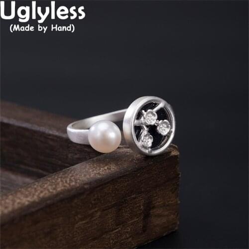 Uglyless Elegant Pearls Rings for Women Organic Gems Freshwater Pearls Jewelry Real 925 Silver Hollow Little Flowers Medal Rings