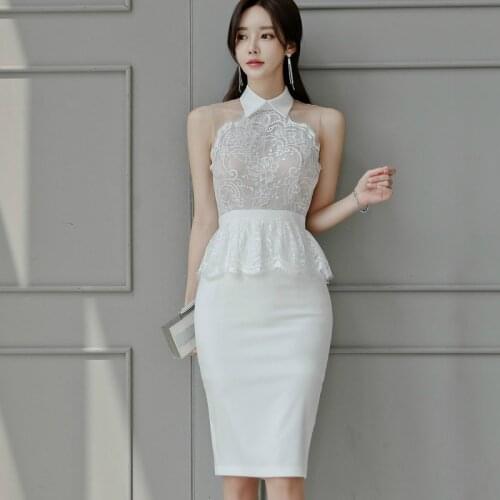 Off Shoulder Lace Patchwork Black White Dress Ladies Halter Zipper Elegant Dress Women for Wedding Party Korean Style Midi Dress