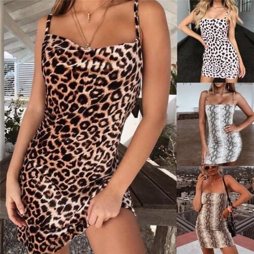 Ladies Women Sexy Bodycon Dress Leopard Crocodile Pattern Print Strap Evening Party Mini Dress Club Dresses