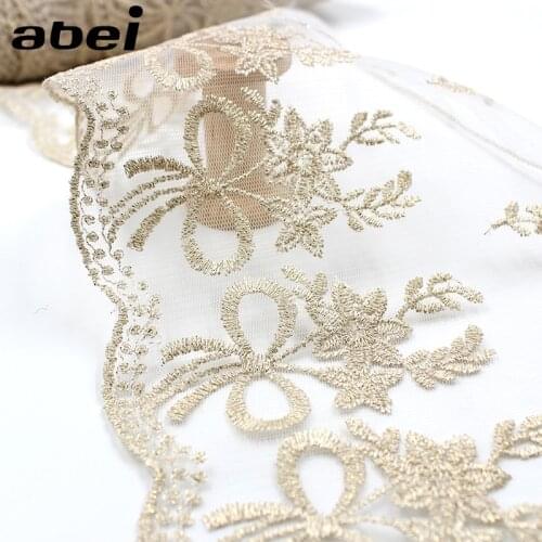 19cm wide, 2yards/lot Gold Mesh Embroidered Lace Trims Bow Flower mesh Fabric Wedding Party Doll Dress Sewing Embellishment