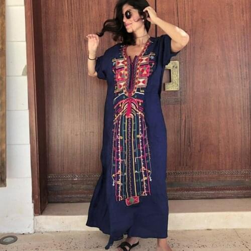 2020 Cotton Bohemian Women Summer Beach Dress Swim Wear Cover Up Tunic Sexy Robe Kaftan Beach Bikini Cover-ups pareo Q1235