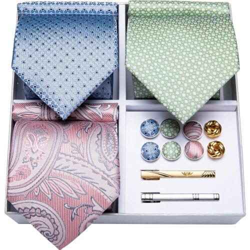3 Pack Lxury Mens Tie Set Gift Set For Men Blue Green Pink Paisley 100% Silk Business Wedding Tie Hanky Cufflinks tie DiBanGu