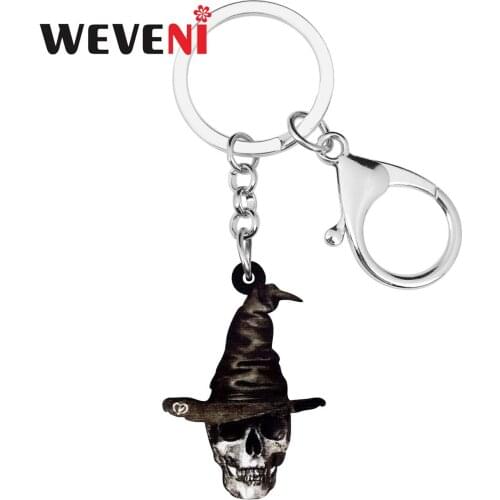 WEVENI Acrylic Halloween Black Hat Skull Keychains Printing Long Key Ring Jewelry For Women Kid Men Novelty Gift Car Accessories