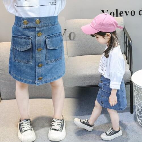 Children Girl Skirt 2020 Summer Kids Jean Skirts Washed Denim Skirts For Girls Button Pockets Toddler Dance Skirts 2 4 5 6 7 8 9