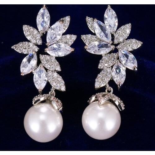 Ekopdee 2021 New Elegant Zirconia Dangle Earrings For Women Luxury Water Drop Zircon Leaf Earring Wedding Jewelry Gift