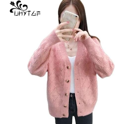 UHYTGF Cardigan For Women Spring Autumn Sweater Jacket Fashion Hook Flower Hollow Single-Breasted Knitted Female Short Coat 1798