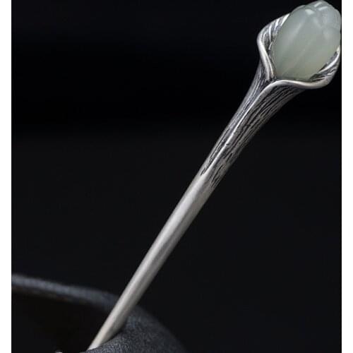 925 Sterling Silver Chinese Jade Hair Stick Nephrite Vintage Antique Hair Sticks Jewelry Luxury Gift Magnolia Flower For Women