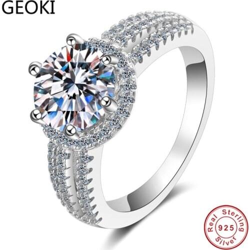 Geoki 925 Sterling Silver 2 ct 8mm Round Perfect Cut VVS1 Moissanite Ring Passed Diamond Selector Test Stone Ring Party Jewelry