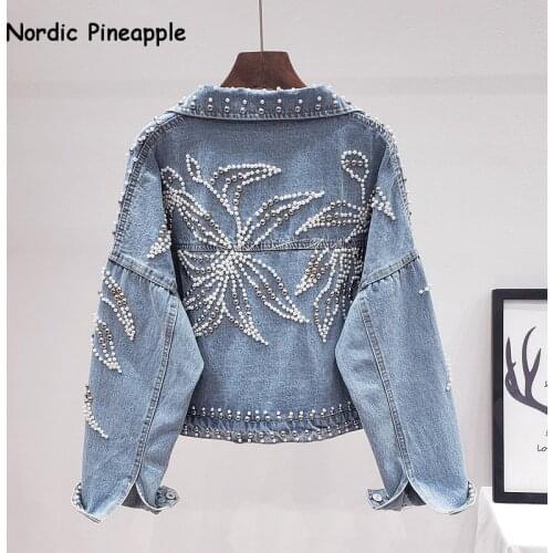 Fashion Heavy Work Rivet Beading Denim Jacket Women Long sleeve Jeans Jackets Female Casual Loose Vintage Blue Short Denim Coat