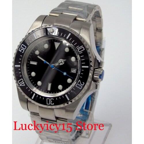 SEA Big 44mm Automatic Men Watch Sapphire Crystal Blue Second Hand Brushed Oyster Band Sterile Black Dial Rotating Bezel Insert