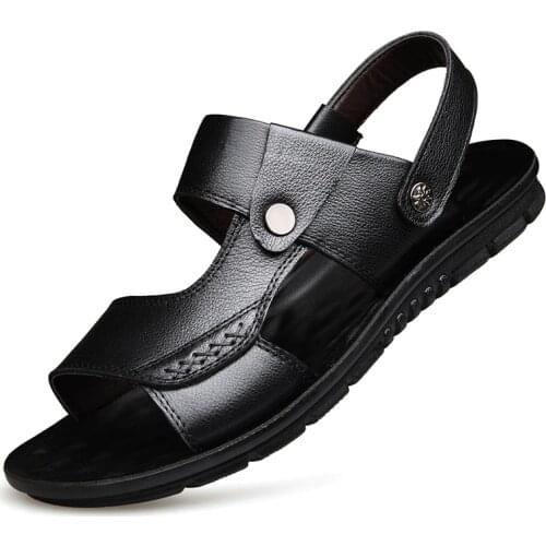 Mens Summer 2021 New Sandals and Slippers Mens Leather Sandals Adult Thick-soled Beach Shoes Non-slip Open-toe Leather Sandals