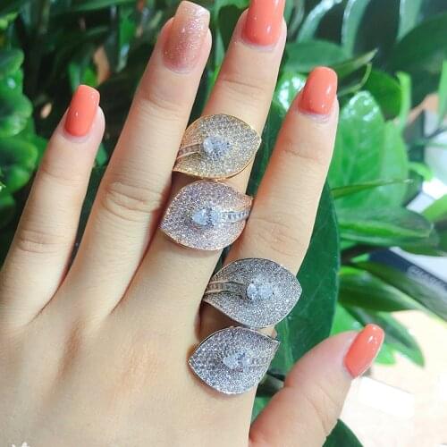 Bride Talk Engagement Wedding Big Ring Leaf Shape Cubic Zirconia Finger Rings For Women Evening Party Accessories Wholesale