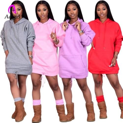 Plain Color Hooded Dress Long Sleeve Women Fashion Pockets Oversized Sweatshirts Spring Sweatshirt Casual Mini Dresses Pullovers