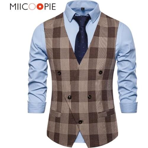 Plaid Waist Coat For Men Fashions Formal Double-breasted Business Wedding Prom Dress Coletes Masculino Mens Vest Fashion Suit