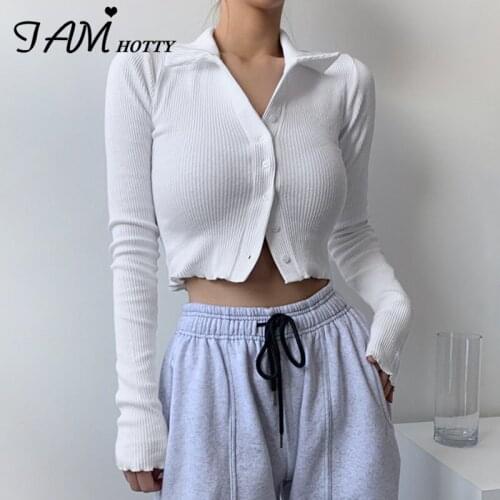 Casual White Solid Button-up Knitted Cropped Top Tee Women Long Sleeve Korean Fashion Turn-down Collar Knit Tshirt 2021 Iamhotty