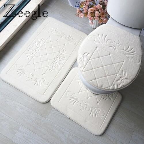 Zeegle 3D Embossed Rug Bathroom Mat Set Absorbent Bath Carpets Set Non-slip Shower Floor Mats Toilet Rug