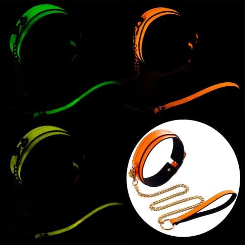 PU Leather Luminous Collar Neck Restraint Strap With Chains Leash For BDSM Slave Bondage Fetish Dog Roleplay Erotic Sex Toy