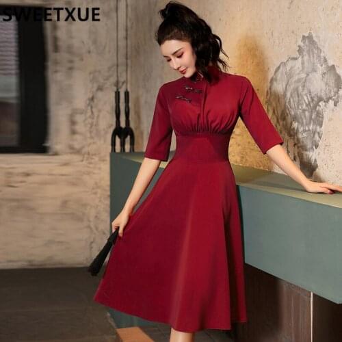 SWEETXUE Chinese Style New Year Dress Red Cheongsam Bridal Temperament Dress Slim High Waist Slim A-line Dresses Women