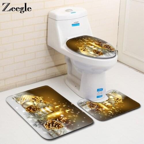 Zeegle Christmas Bath Mat Set Anti-slip Bathroom Toilet Pedestal Rug Polyester Soft Toilet Seat Cover Absorbent 3pcs Toilet Set