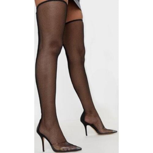 Moraima Snc Summer Newest Mesh Grid High heel Woman Boots Sexy Pointed Toe Over the Knee Thin heels Sandal Boots Black