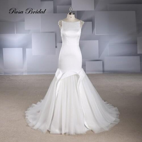 Rosabridal Mermaid Wedding Dress 2019 Elegant O neck Beading Cap Sleeves backless Satin bodice tulle skirt Bridal Gown