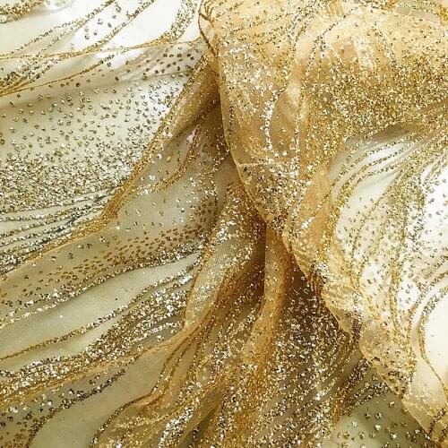 Wedding Lace Fabrics Gold Sequined Bronzed Diamond Crystal Party Dress Lace Stripe Flash Light Stage Performance Shiny 130CM