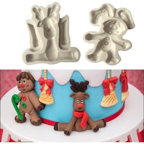 1PC Reindeer Gingerbread Man Sugar Buttons Silicone Mold Fondant Mold Cake Decorating Tools Chocolate Gumpaste Mold