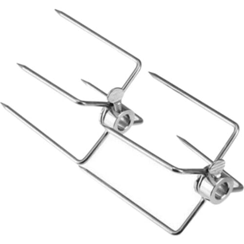 2Pcs BBQ Rotisserie Meat Forks Clamp Grill Meatpicks Stainless Steel Barbecue Skewer