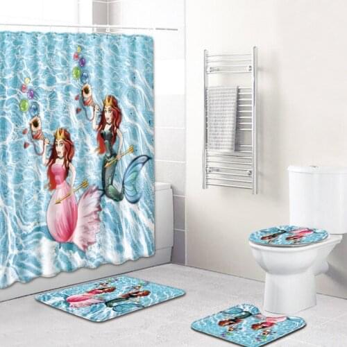 4 Pcs Fairy princess Shower Curtain/Bath Mat/Toilet Pad Set Character Pattern Anti-slip Toilet Pattern Carpet Flannel Bath Mat