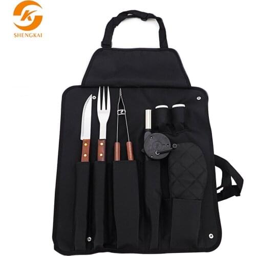 8-piece wooden handle grill apron set, multi-function barbecue set, outdoor bbq tool combo set