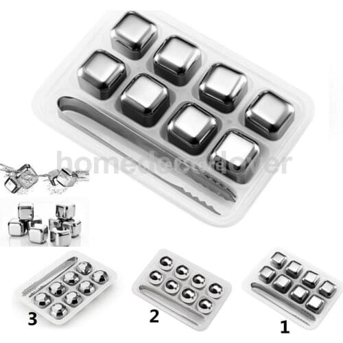 8Pcs Reusable Stainless Steel Whiskey Wine Stones Drinks Beverage Chiller Cooling Ice Cubes Ball Diamond Shape with Tongs