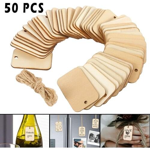 50pcs Wooden Label Nature Wood Slice Gift Tags Blank Rectangle Wooden Hanging Tags Label With Hemp Ropes for Wedding Party Xmas