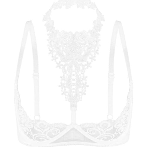 Sexy Bra Wetlook Women Transparent Floral Lace Bra Tops Halter Bare Breast Underwear for Womens Harness Bra Erotic Lingerie