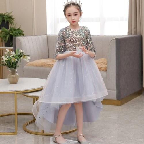 Flower Girl Dresses Illusion Sequined O-Neck Half Princess Knee-Length Tulle Lace Bow Luxury Gray Vintage Kids Party Gown H404