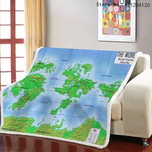 World Map Sherpa Fleece Blanket Warm Soft Throw Blanket on Sofa Bed Couch 3D Print Blanket Teens Girls Travel Picnic Bedding