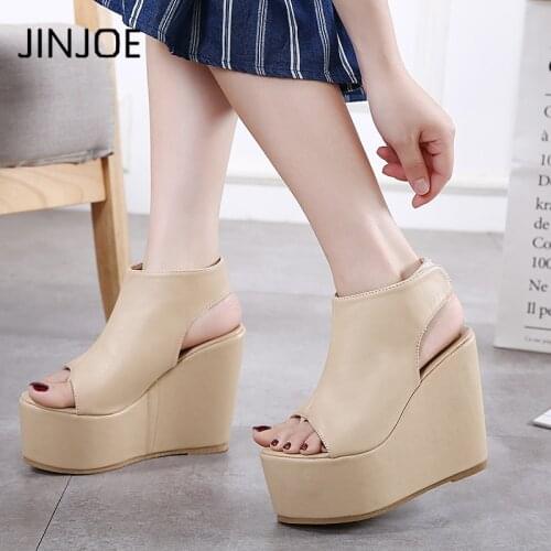 JINJOE shoes Women High Heels Basic Platform Wedge Shoes Rome Muffin Slipper Thick bottom PU Inside elevated sandals Ankle pumps