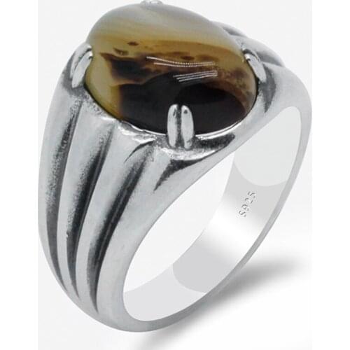 Natural Agate Stone Real 925 Silver Ring for Men Three Lines Simple Design Elegant Generous Wedding Rings For Men Fine Jewelry