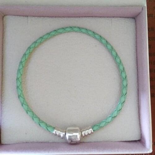 Fine Jewelry Grean leather bracelets for women jewelry without charm fit bead charms DIY with 925 sterling silver clasp PL006