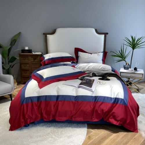 Red And Blue Splicing Luxury Bedding Set 1000TC Egyptian Cotton Duvet Cover Flat Sheet Pillowcases 4pcs