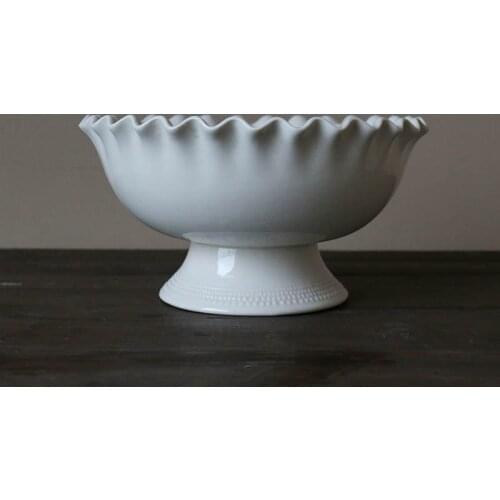 Creamy Ceramic Wavy Edge Vintage Fruit Plate/High Foot Deep Bowl Tea Table Set Pieces