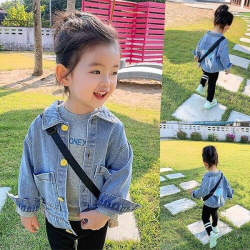 INS HOT baby girls denim coat 1-9 years old childrens jacket Childrens clothing Cartoon patch beauty girls outdoor coat